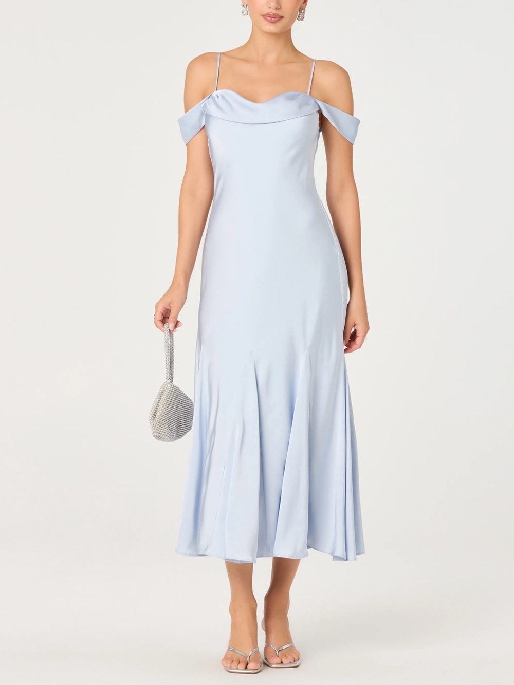 ASTR The Label Off-Shoulder Satin Midi Dress in Light Blue